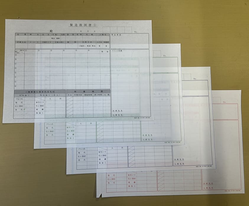 シルクスクリーンプリント工場の販売で使用する製造指図書伝票の制作事例